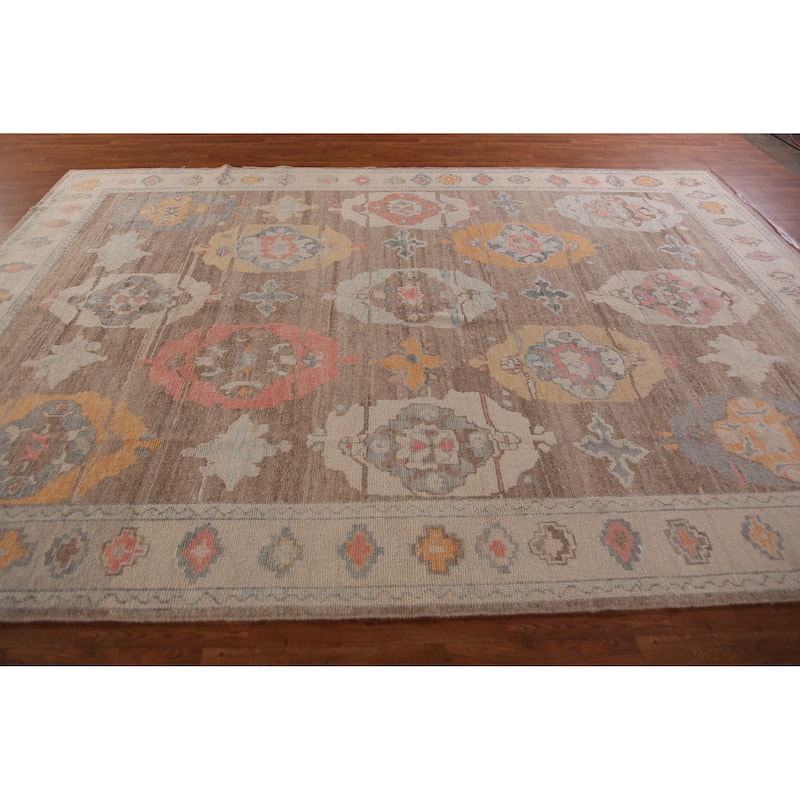 Hand Knotted Oriental 100% Wool Carpet Transitional Geometric Brown Oushak Area Rug - 12' 6'' X 8' 11''