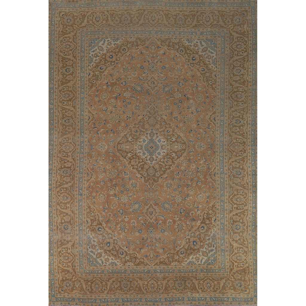Traditional Mashad Persian Area Rug Handmade Floral Wool Carpet - 9'7" x 12'9"