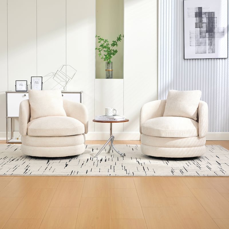 30"W Modern Round 360°Swivel Barrel Accent Chair with Pillow, Chenille Upholstered Comfy Barrel Armchair, Single Sofa Chair