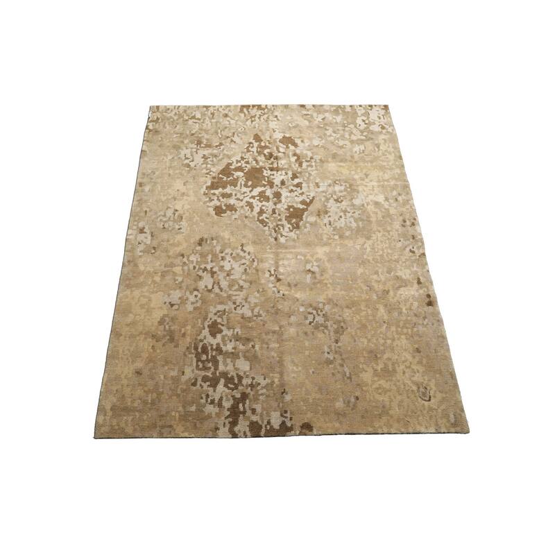 6x7'10'' Hand Knotted Wool & Silk Beige Tibetan Modern & Contemporary Rug - 6' x 7' 10''