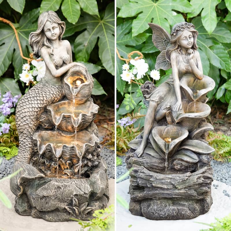 Glitzhome 22"H 4-Tiered LED Lighted Mermaid Fairy Polyresin Outdoor Floor Statue Fountains