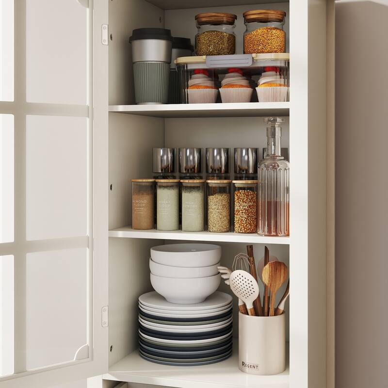 Buffet Cabinet with Glass Doors & 2 Drawers, Multi-Functional Wooden Storage Cabinet, Accent Cabinet with Solid Wood Legs