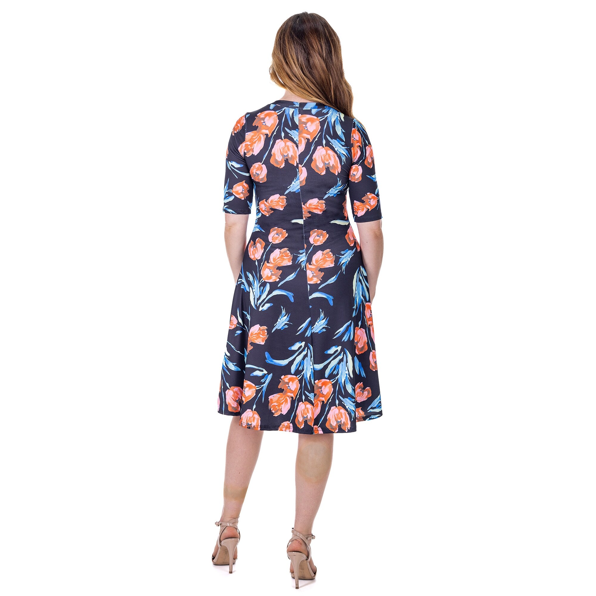 24seven Comfort Apparel Womens Black Floral Print Elbow Sleeve Knee Length Dress - Bed Bath & Beyond