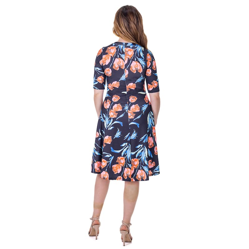 24seven Comfort Apparel Womens Black Floral Print Elbow Sleeve Knee Length Dress