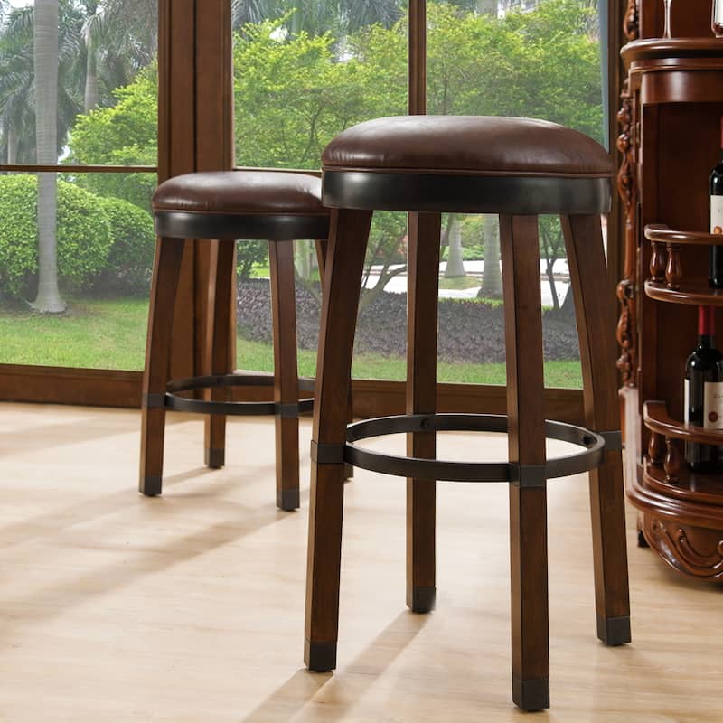 Traditional Wood Faux Leather Counter-height Stool Set of 2 - Brown Tan