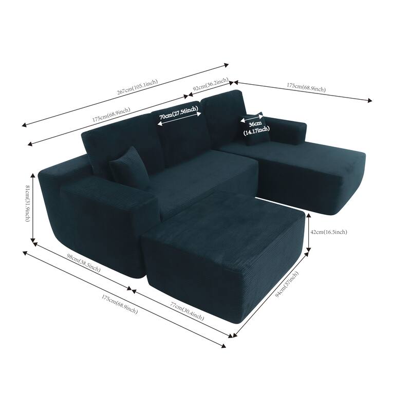 105.1" Cloud Modular Sectional Sofa with U-Shaped Chaise, Deep Seat Corduroy Upholstered Couch, No Assembly Required