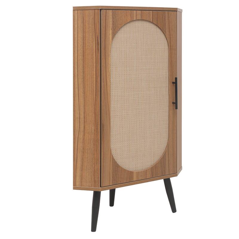 Corner cabinet, Rattan door,Freestanding Corner Tables For Small Spaces, Corner Shelf Stand For Living Room, Kitchen, Bedroom