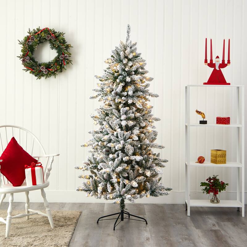 6.5ft Artificial Christmas Tree - Prelit Flocked Fir with Warm Lights & Pine Cones - White - 72