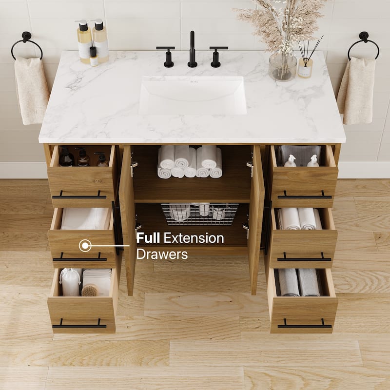 Graham 48"W Oak Bath Vanity with WH Arabescato Engineered Stone Top