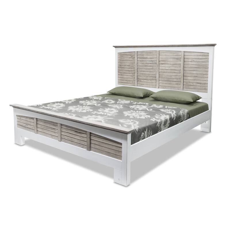 HomeRoots Gray Carved Geometric Distressed Solid Wood King Bed Frame