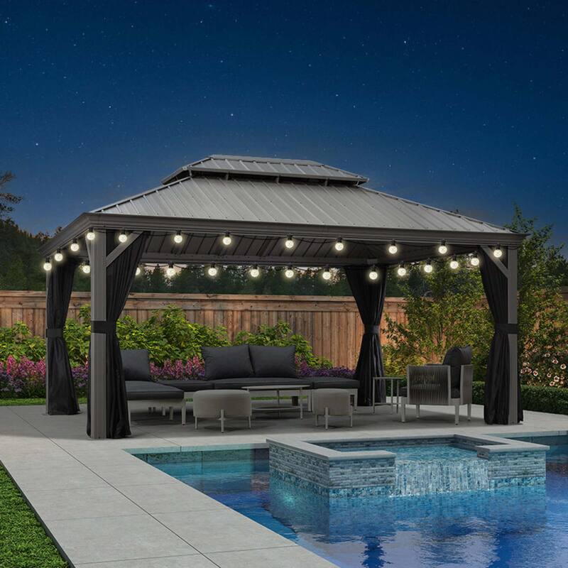 PURPLE LEAF Patio Gazebo for Backyard Hardtop Galvanized Steel Frame with Upgrade Curtain - Light Grey - 12' x 16' (Hot Sale) - With lights