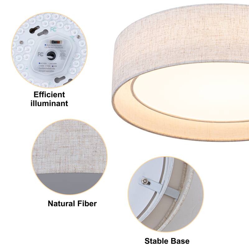 Starsky Modern Linen Drum Flush Mount Ceiling Light with 5-CCT Selectable LED (3000-6000K)