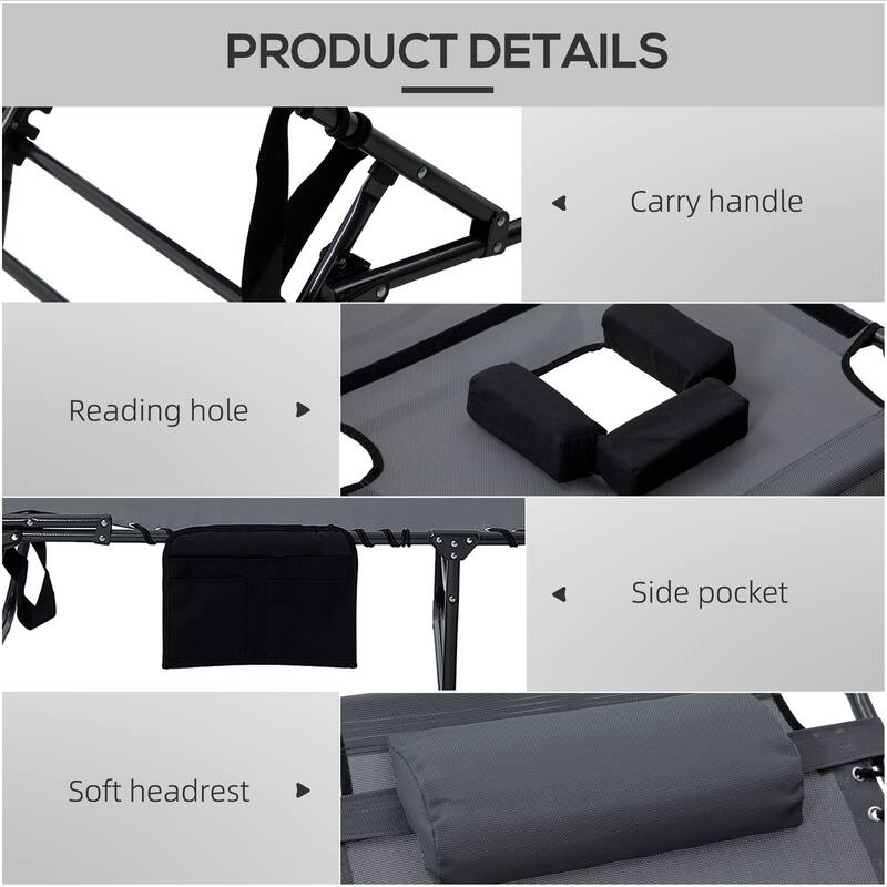Folding recliner with side pockets, headrest and reading hole