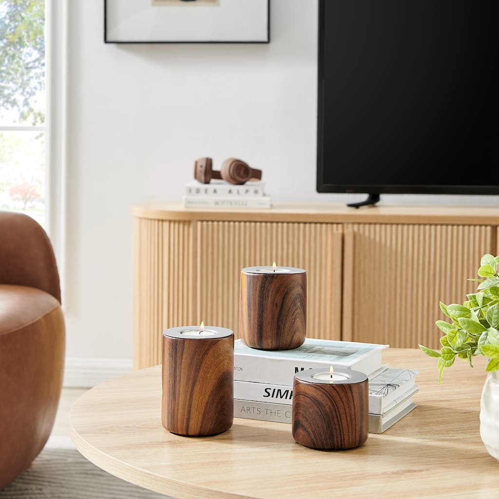 Cylindrical Tealight Candle Holders - 4.25" - Walnut Brown - Set of 3