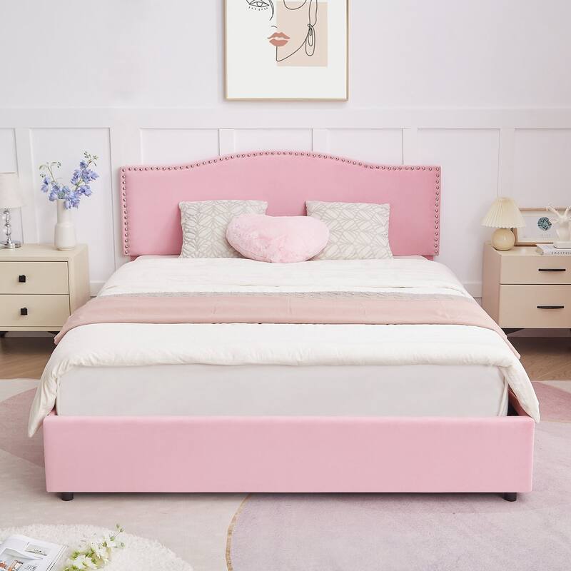 VECELO Upholstered Bed Frame with 4 Storage Drawers Full Queen Heavy Duty Platform with Adjustable Linen Headboard