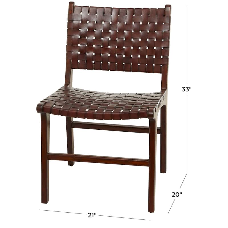 Brown, Black, White Leather Handmade Woven Kitchen Dining Chair with Teak Wood Frame