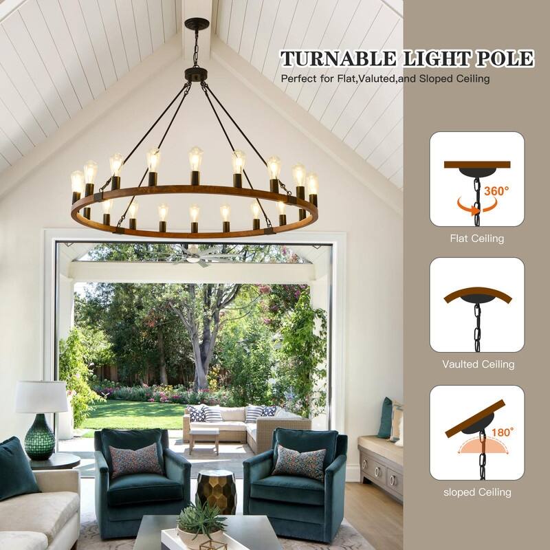 Farmhouse Wagon Wheel Chandelier - Rustic Wood & Metal Adjustable Pendant Light for Dining Rooms, Kitchens & Entryways