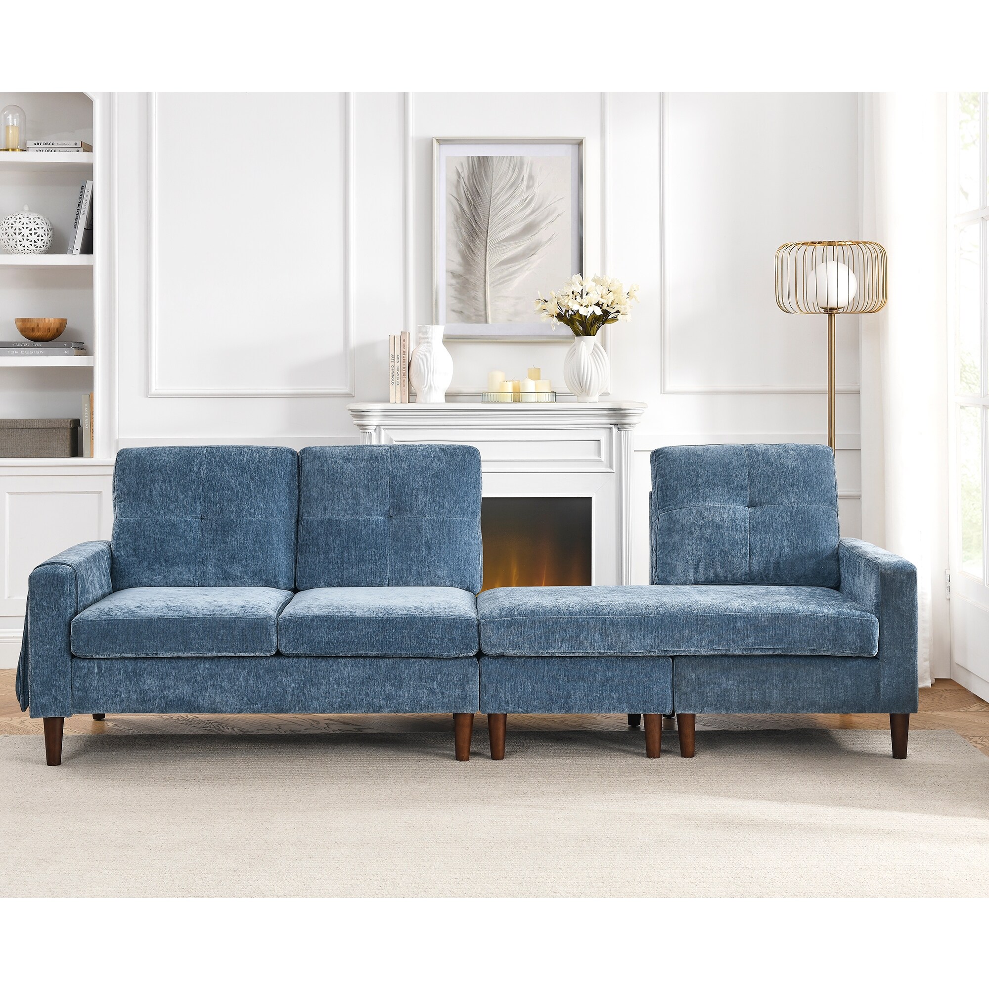 Chenille Sectional Sofa Sleeper Sofa with Ottoman Chaise Navy