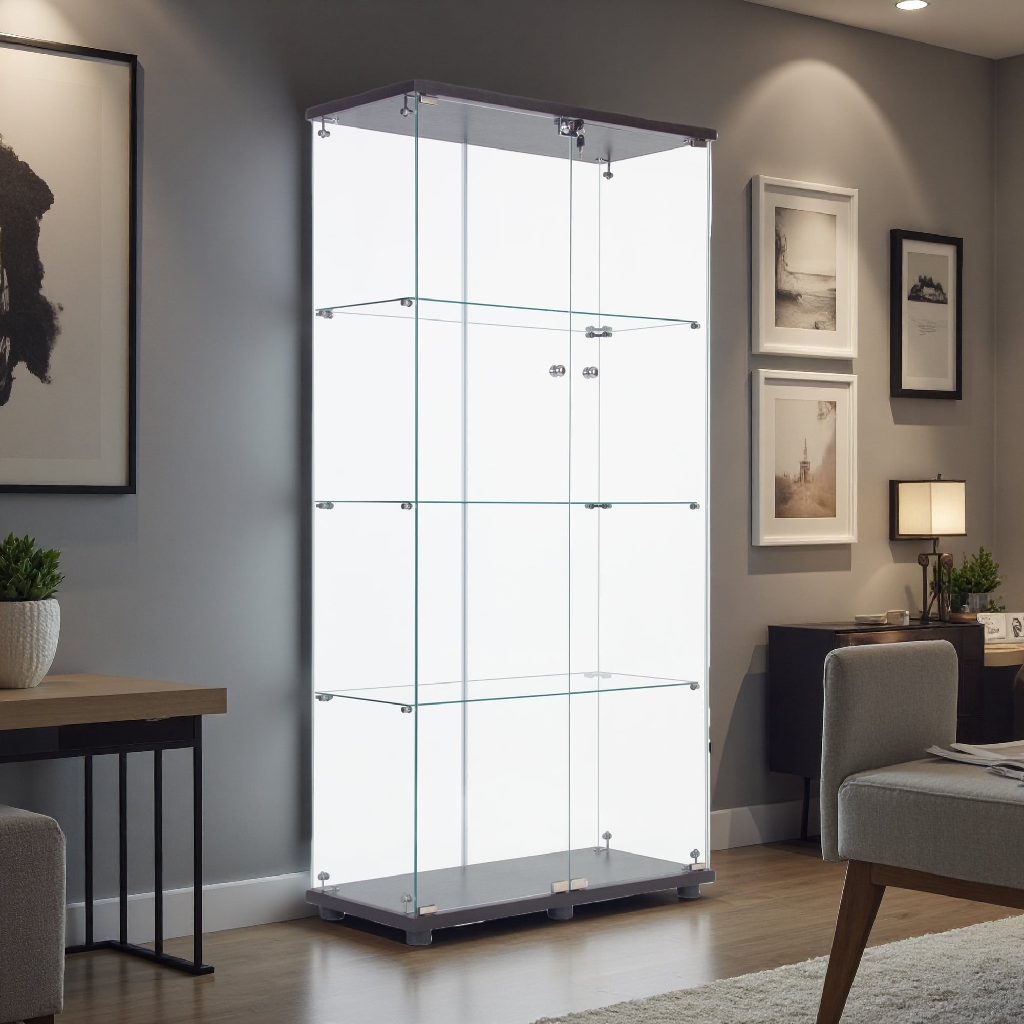 64.56"H Glass Display Cabinet, 4 Shelves, LED Lights, Remote Control