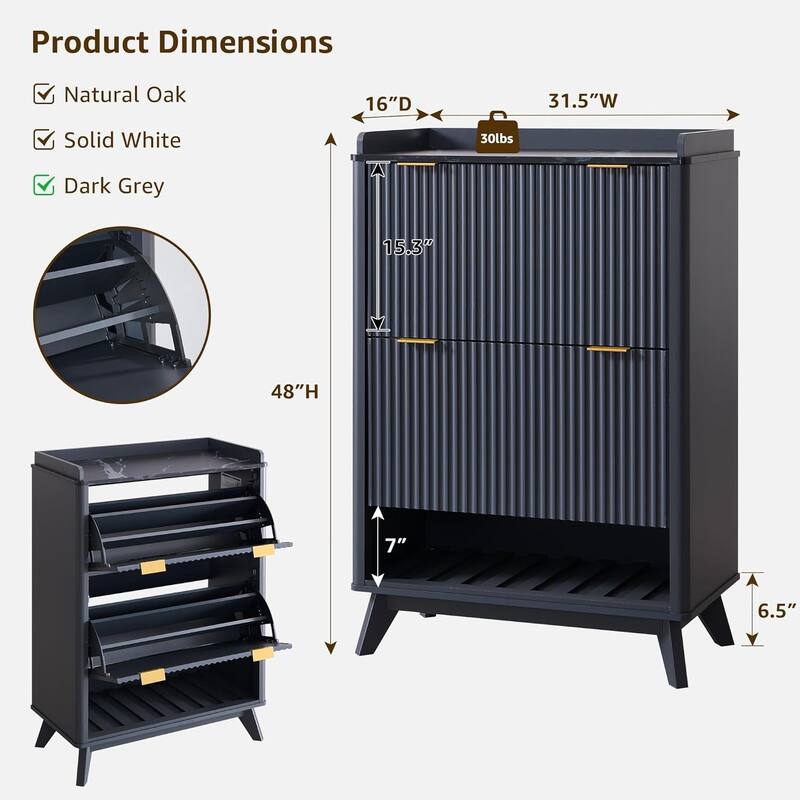 Fluted Shoe Storage Cabinet, Deep Shoe Organizer, Wooden Shoe Rack
