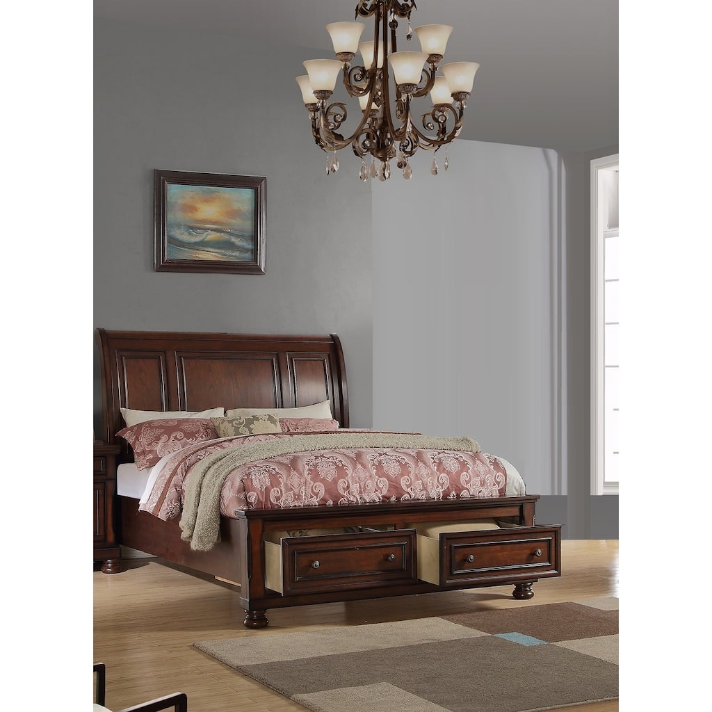 Traditional Style 1pc Bed Set Footboard Drawers Bun Feet Dark Cherry Finish