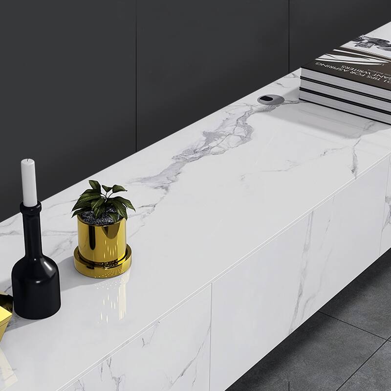 Floating Wall Hung TV Stand, Modern Hanging TV cabinet with Motion Sensor LED, 4 Flip-down Doors, White Stone