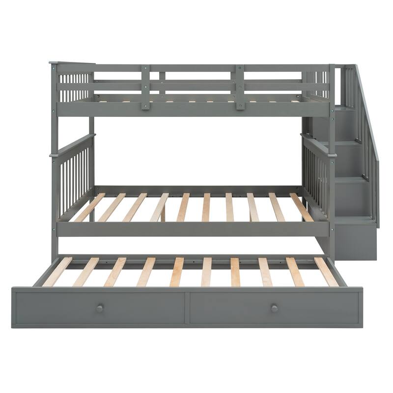Stairway Full-Over-Full Bunk Bed with 1 Twin Trundle, 4 Open Shelves and Guard Rail