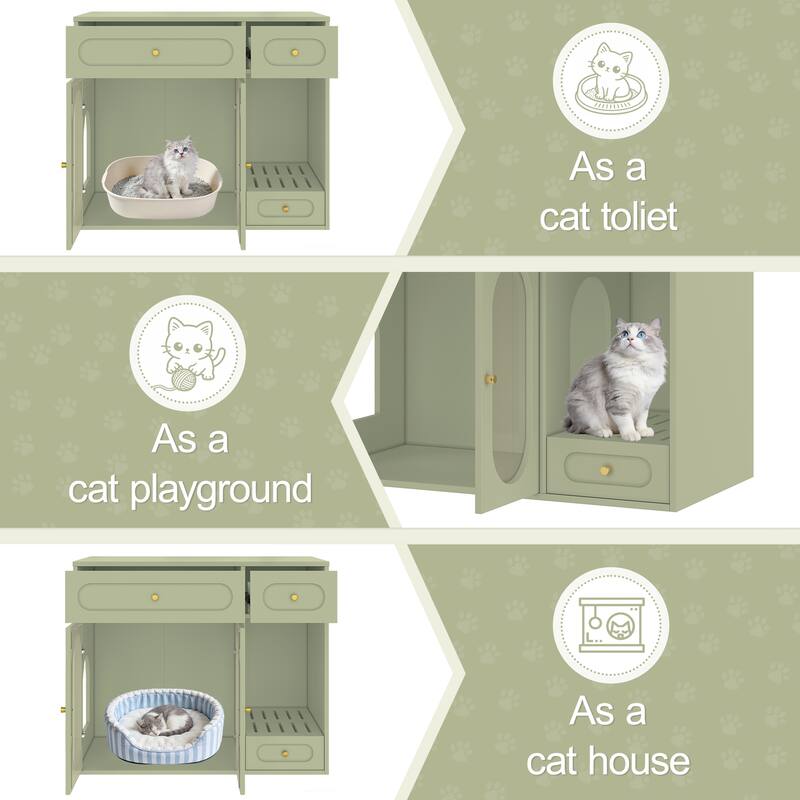 Anmytek Hidden Cat Litter Box Enclosure Furniture with LED Light and Storage Drawers Green Pet House and End Table