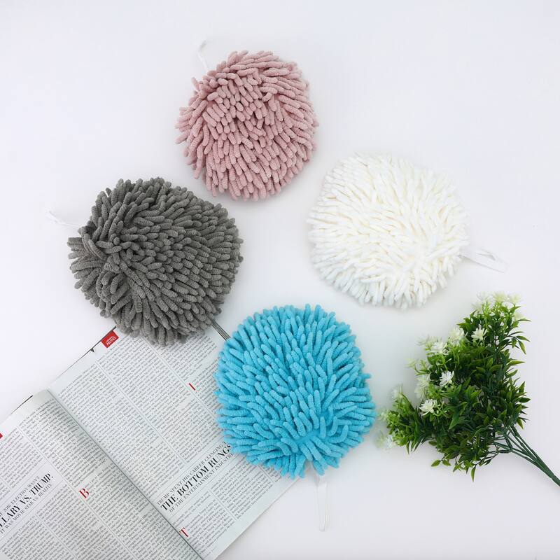 Soft Absorbent Fluffy Chenille Ball Hand Towels, Set of 2 Fuzzy Decorative Towel with Wall Hook for Bathroom 6" x 6" - 6" x 6"