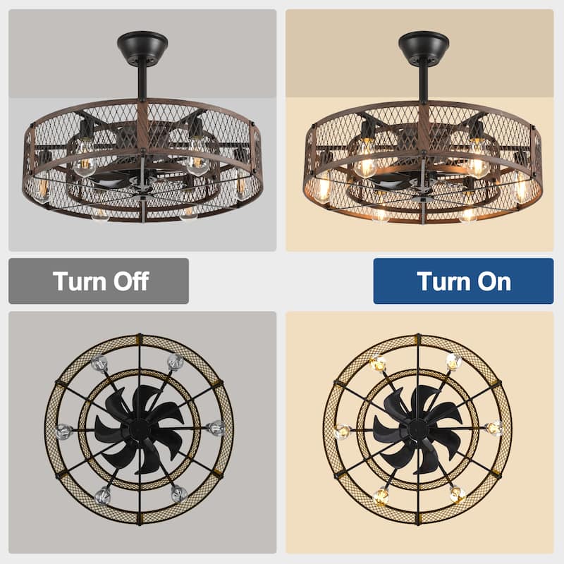 20-26" Caged outdoor Ceiling Fan with Light: Remote App Control-Farmhouse Fandelier Flush Mount Fixture Reversible 6 Speed Timer