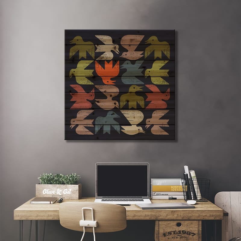 Midcentury Bird Grid (Black) Print On Wood by Renea L. Thull - Multi-Color