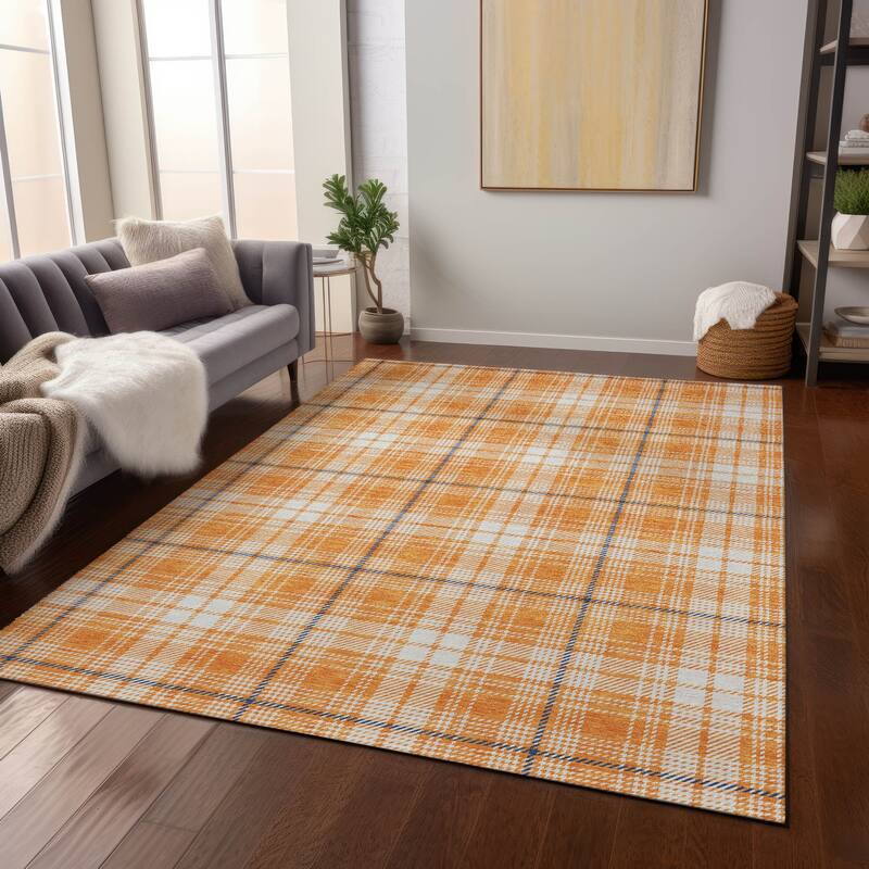 Machine Washable Indoor/ Outdoor Plaid Chantille Rug - Orange - 9' x 12'