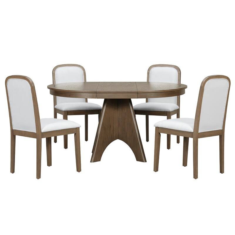 Vintage 5-Piece Extendable Dining Table Set with 4 Upholstered Chairs for Rustic Farmhouse Kitchen Aesthetics