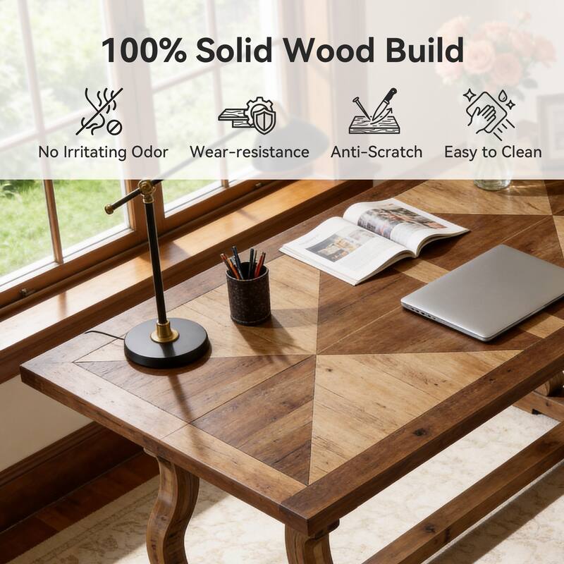 63" Solid Wood Office Executive Desk with Diamond Parquetry Top and Scroll Legs