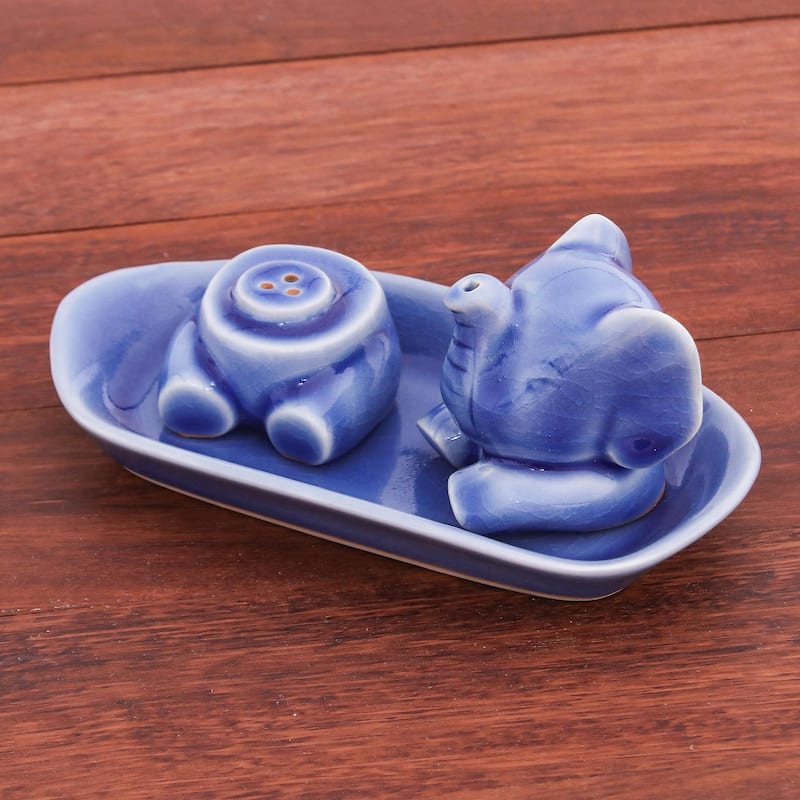 Novica Handmade Magic Elephant In Blue Salt And Pepper Set (3 Pieces)
