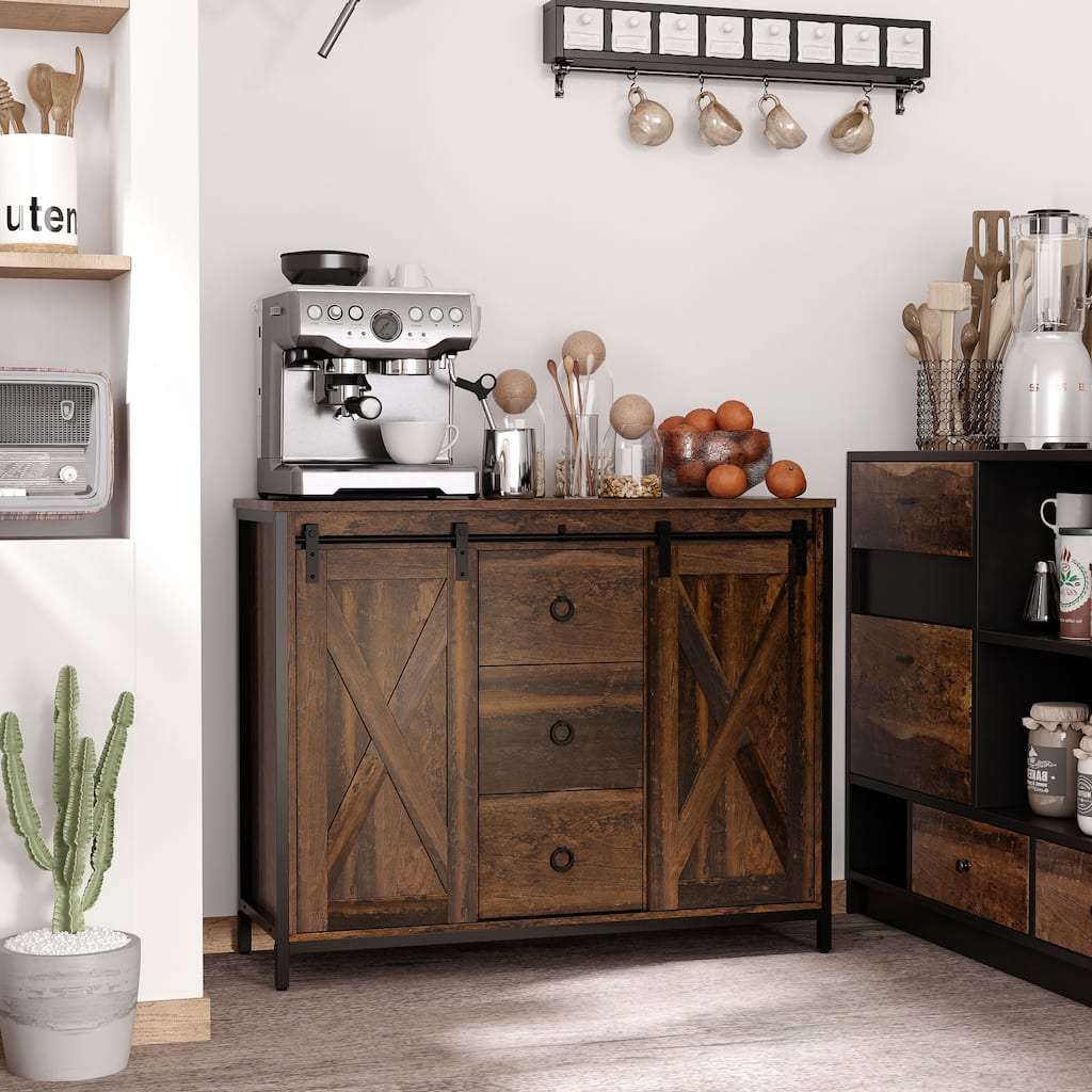 HOMCOM Industrial Farmhouse Buffet Cabinet, Kitchen Sideboard with Sliding Barn Doors, Three Drawers and Adjustable Shelves