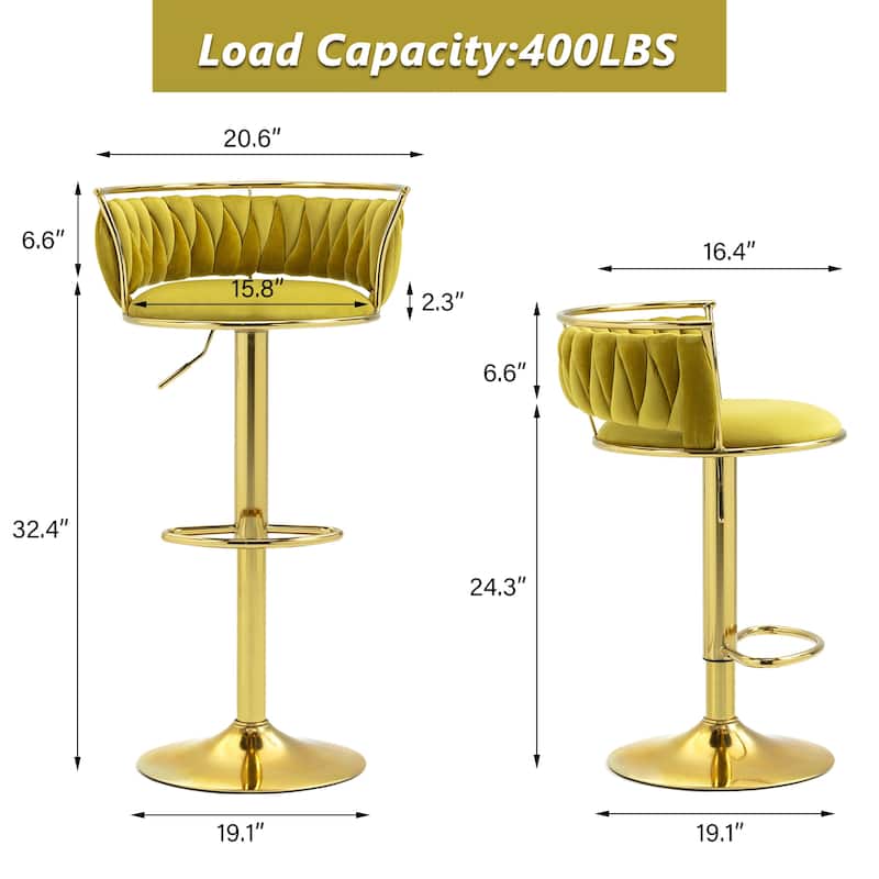 Modern Velvet Adjustable Swivel Bar Stools Set of 2