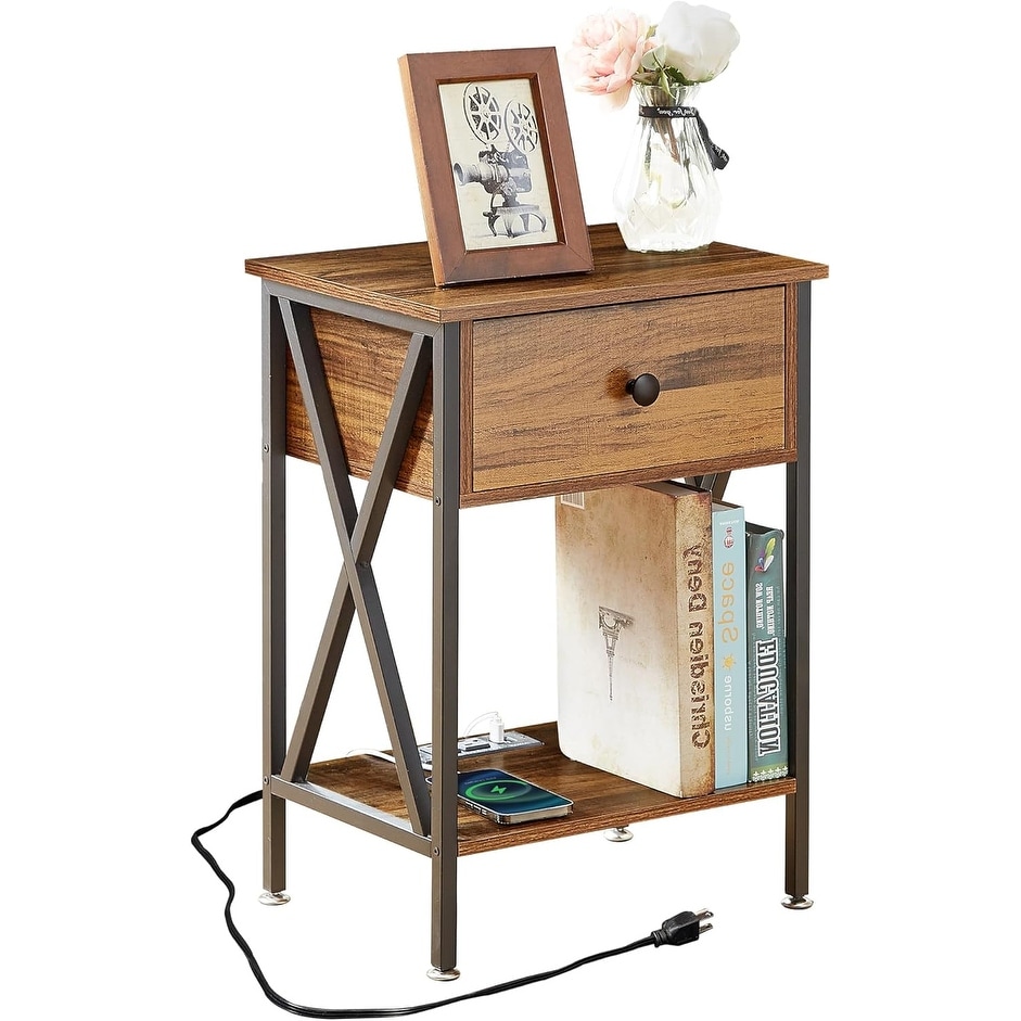 Nightstand with Charging Station, USB Ports, Drawer, and Shelf for Bedroom or Living Room, Brown