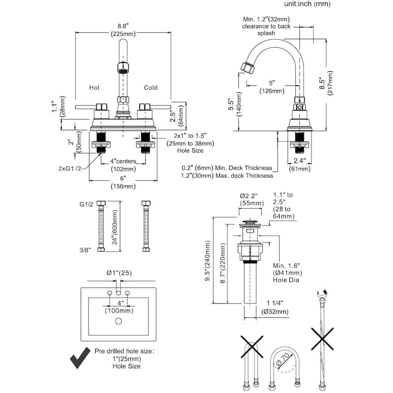 WOWOW 4-inch Dual Handle Bathroom Sink Faucet in Modern