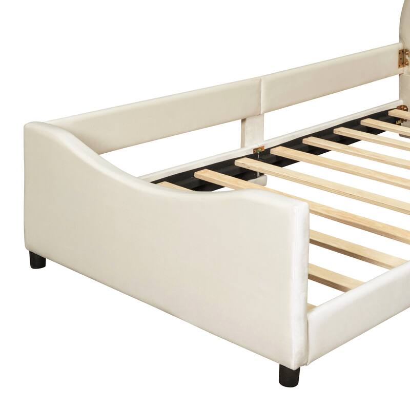 Twin Upholstered Daybed with Fun Rabbit Ear-Shaped Headboard, Velvet Finish, and Sturdy Wood Frame - Grey/Beige/Pink