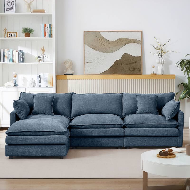 L Shape Modular Sectional Sofa Chenille Upholstered Couch wOttoman - Blue