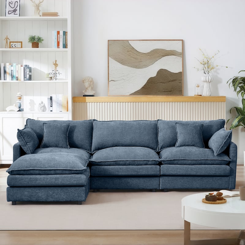 L Shaped Modular Sectional Sofa with Ottoman, Comfy Chenille Upholstered Cloud Couch, 4-Seat Deep Seat Sofa with Pillow