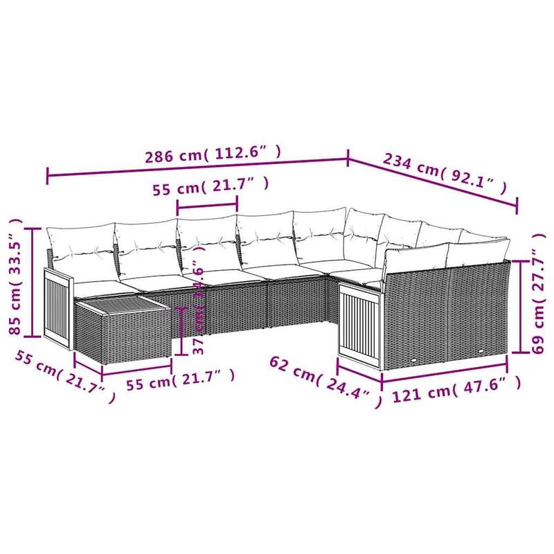 vidaXL 10 Piece Patio Sofa Set with Cushions Gray Poly Rattan - 112.7x27.2x91.0