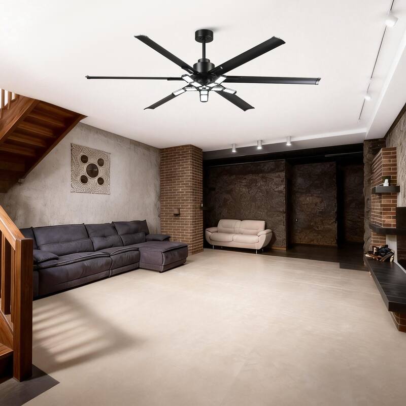84" Industrial Matte Black HVLS Large Ceiling Fan with Foldable Light and Remote