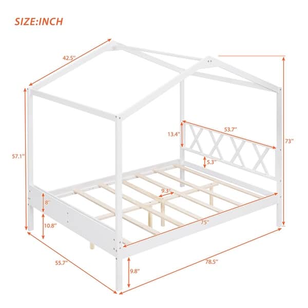dimension image slide 3 of 6, Twin/Full Size House Bed, Wooden Playhouse Bed Frame with Semi-enclosed Roof, Headboard, Footboard Storage for Kids, Teens
