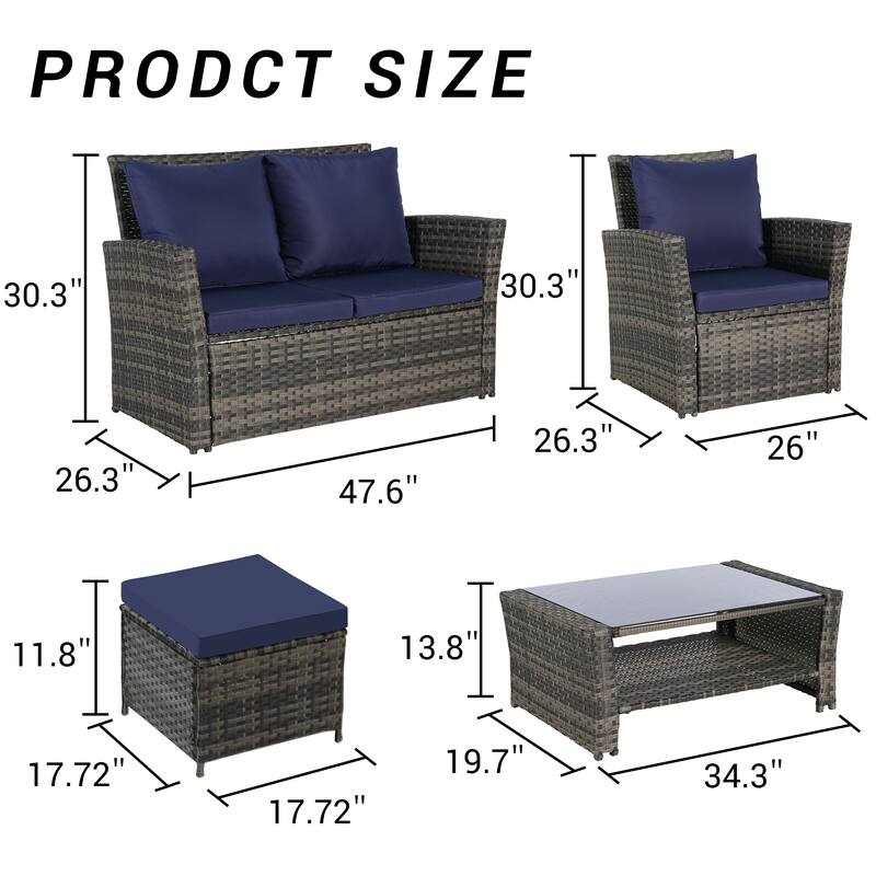 6 Pieces Patio Conversation Furniture Sets, All Weather Wicker Sectional Sofa with Glass Coffee Table and 2 Ottomans