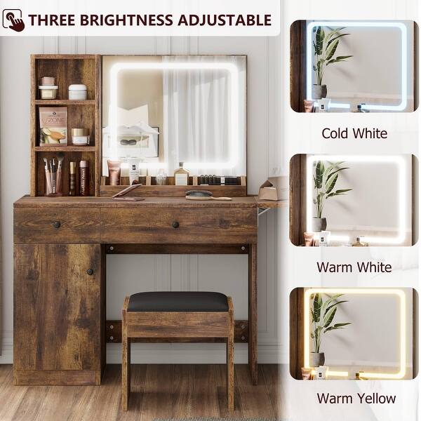 Brown Vanity Desk with LED Lighted Mirror & Power Outlet, Makeup Vanity with Drawers & Cabinet & Chair