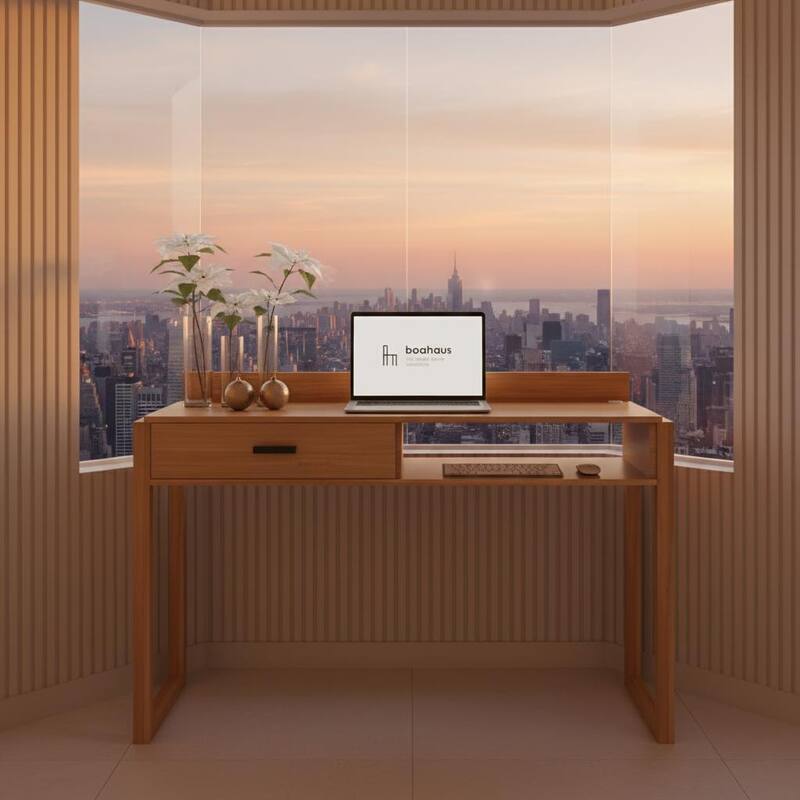 Modern Computer Desk with Drawer, Space-Saving, Shelf and Dual USB Charging Ports