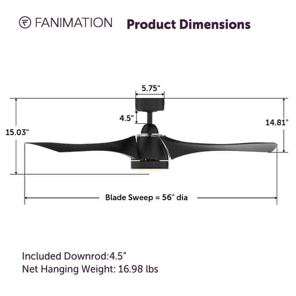 Fanimation Klear 56 inch Indoor/Outdoor Smart Ceiling Fan with LED CCT Select Light Kit and Remote - Black