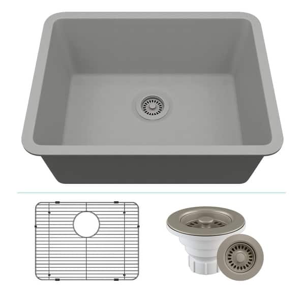 slide 2 of 10, 23"x18" Quartz Single Bowl Sink, Drop-In/Undermount w/ Grid & Strainer. Galaxy Concrete